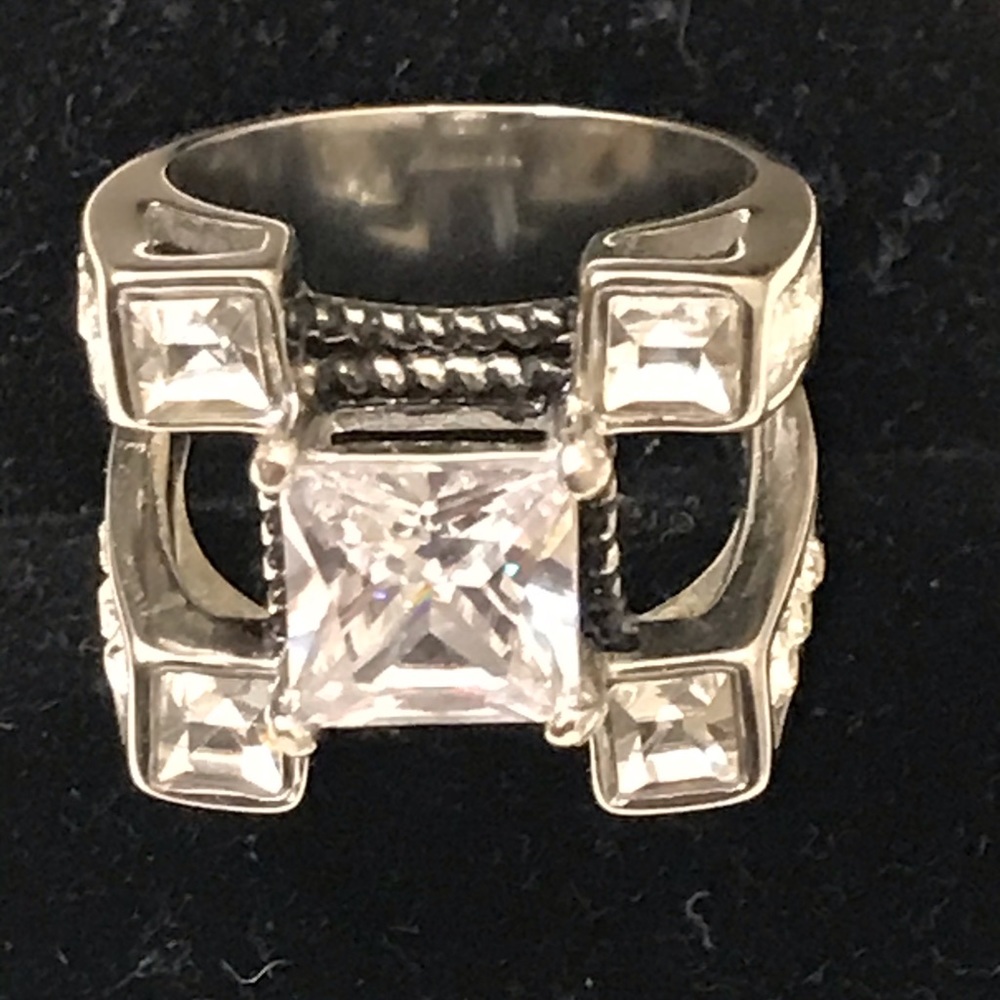 Men's Square Cut Cubic Zirconia SS Ring, Sz 9